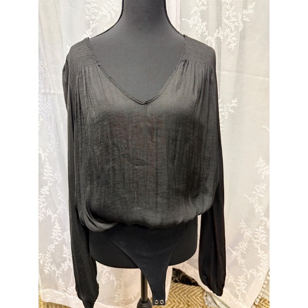 Intimately Free People Black Smocked V-Neck Long Sleeve Bodice Bodysuit XS